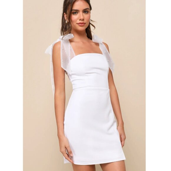 Lulus Dresses & Skirts - NWOT: Lulus Beaming Perfection White Pearl Organza Tie-Strap Mini Dress Size L